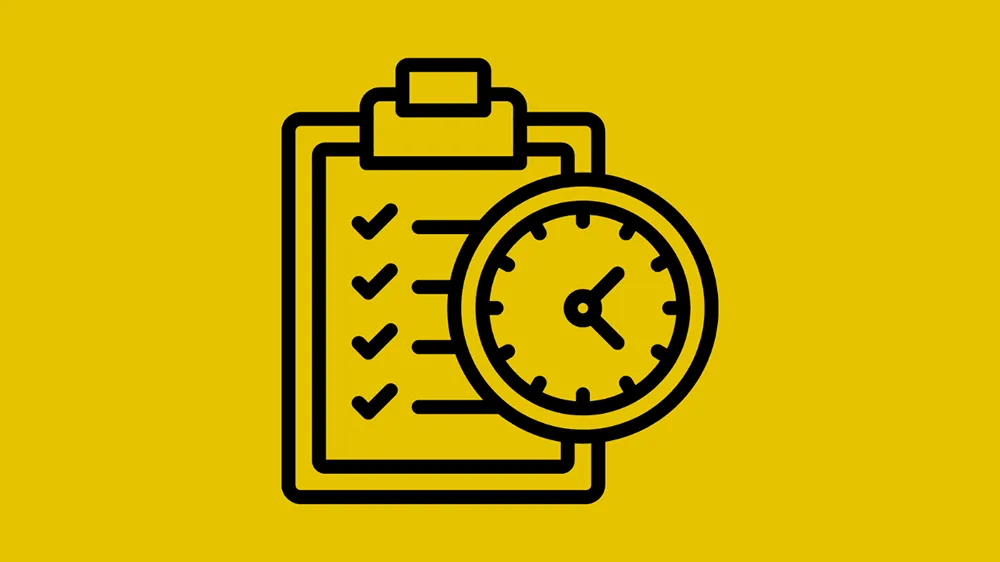 An icon of a clipboard with a checklist on it, and a clock