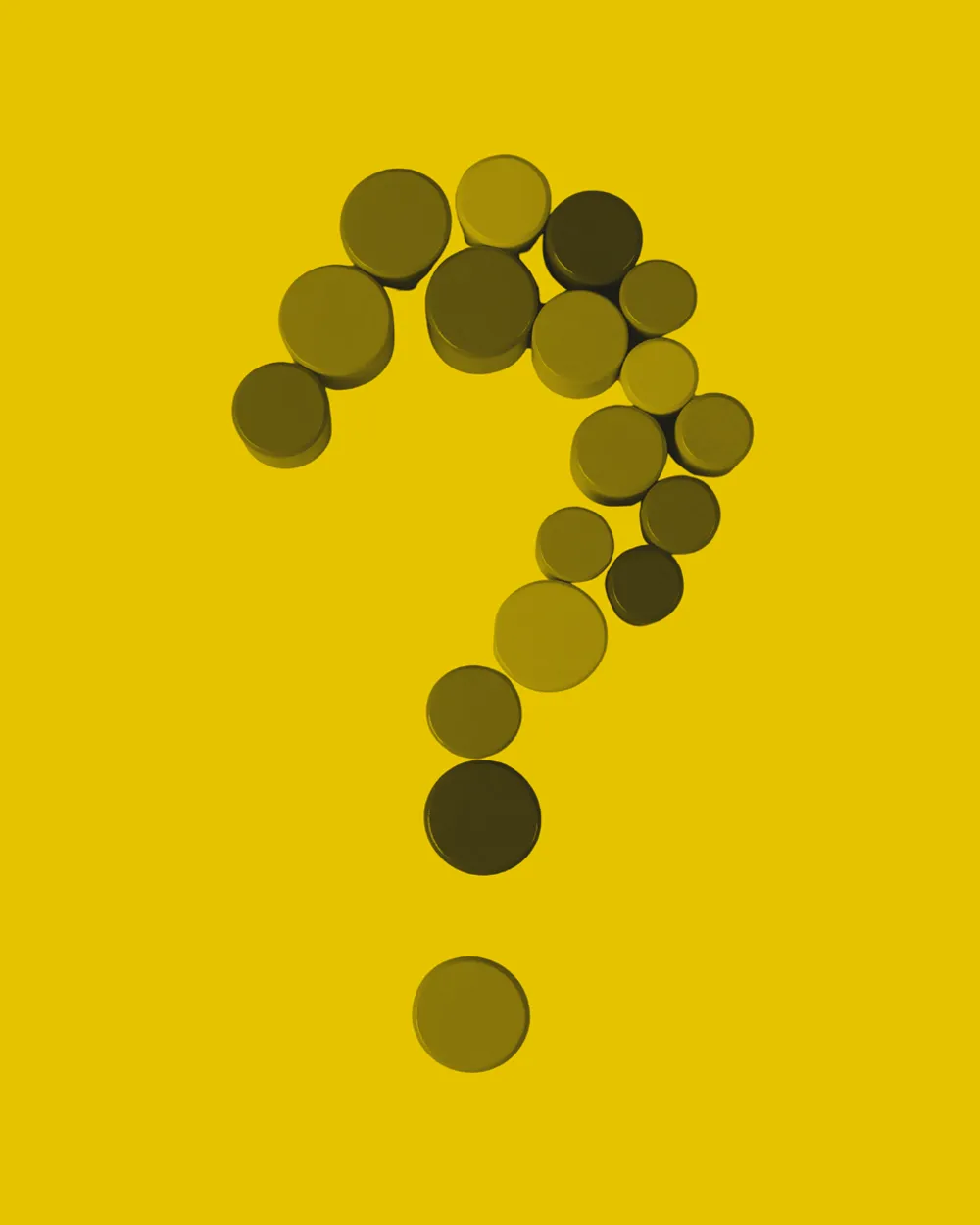 A question mark comprised of multicoloured wooden cylinders, on a yellow background.