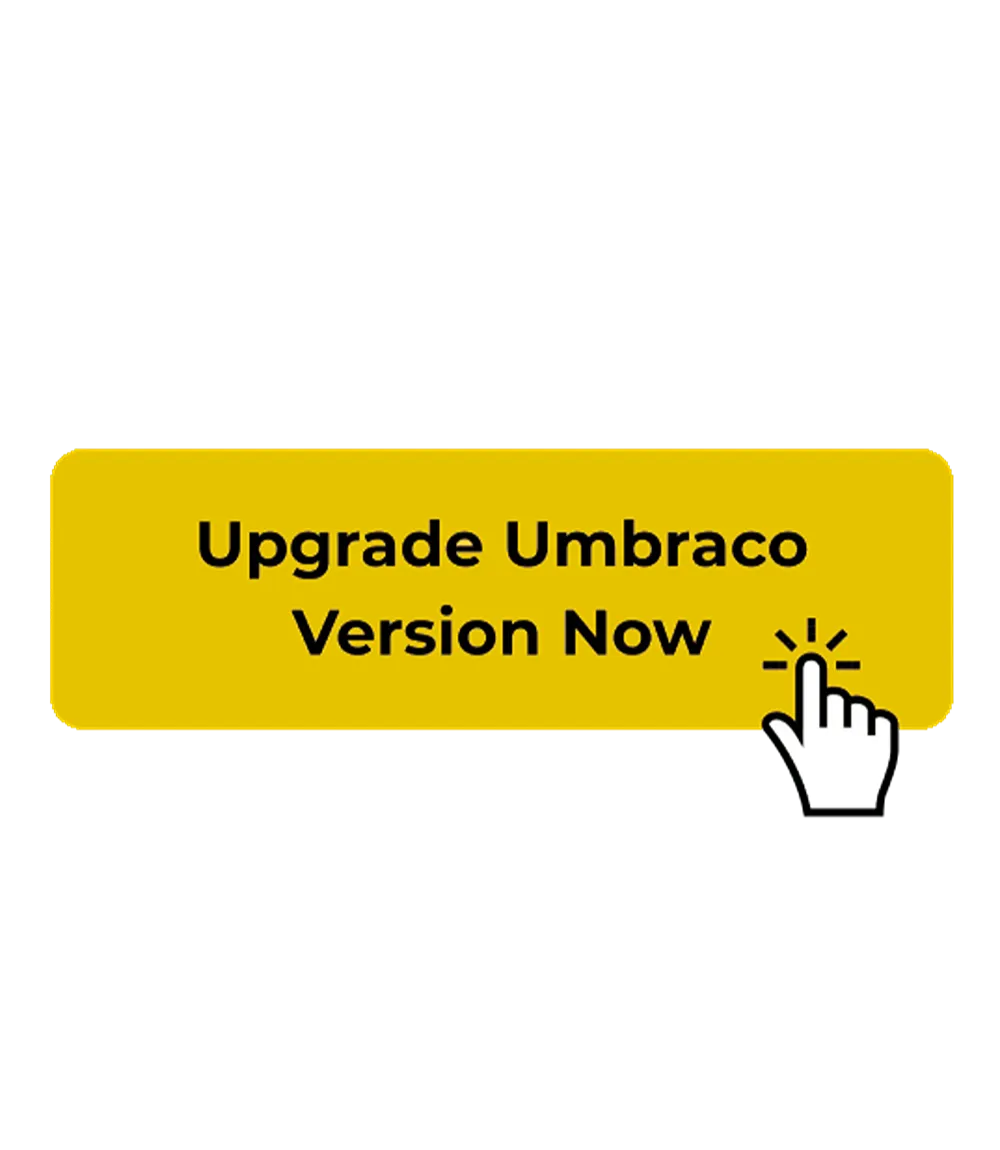 A yellow button reading "Upgrade Umbraco Version Now" with a cursor clicking on the button.