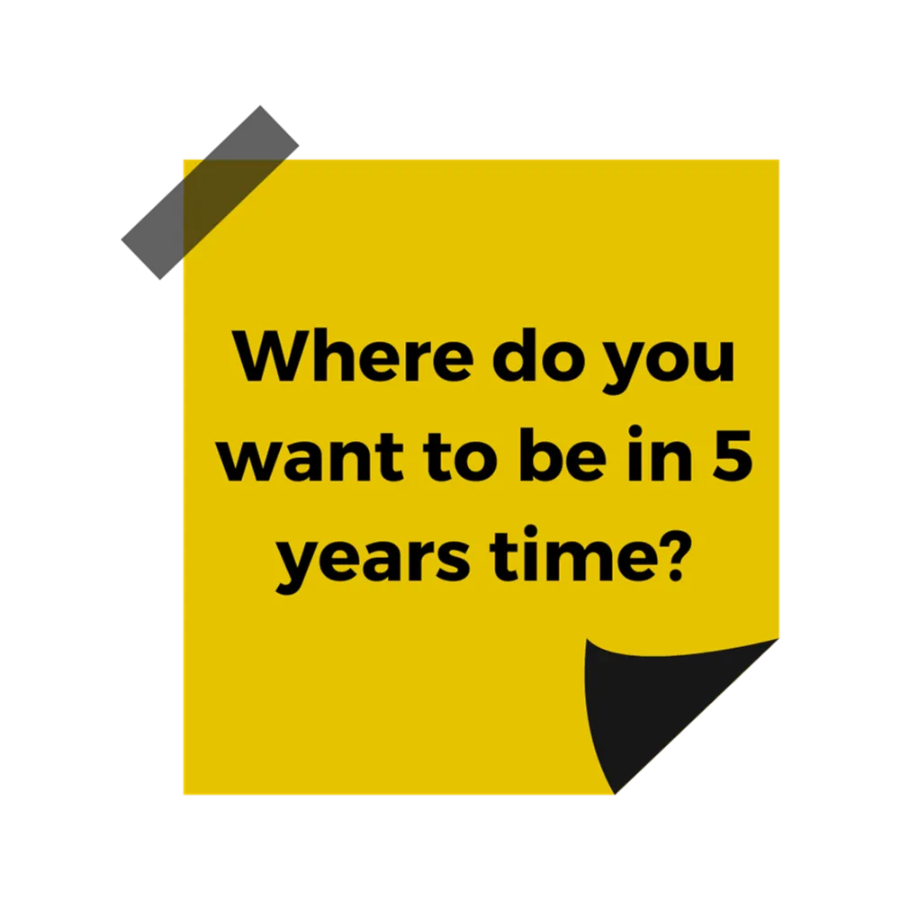 A yellow post it note with black text reading "Where do you want to be in 5 years time?"