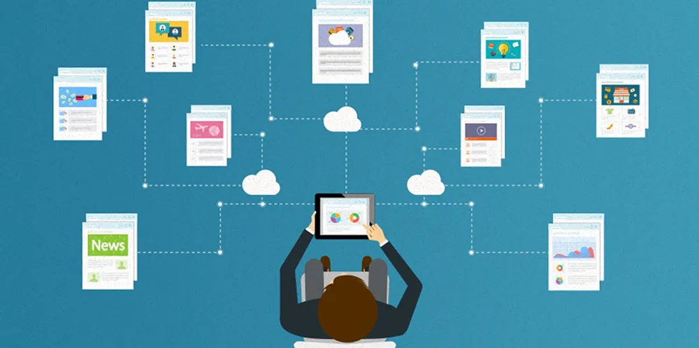 An illustration of website pages connected with one another and aggregating on a tablet device as a person reviews data analytics of the collective pages