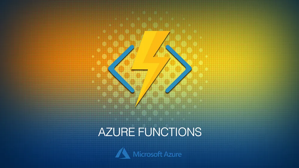 A 2D illustration of a lightning bolt within a set of angle brackets. Beneath this reads text "Azure Functions" and the Microsoft Azure logo.