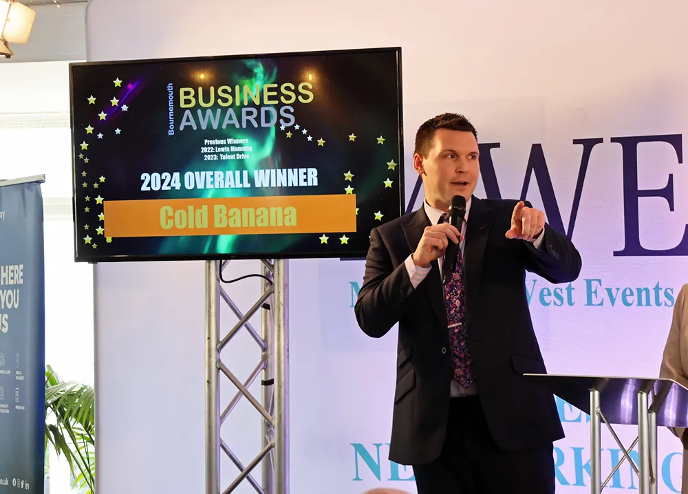 Luke Fribbens, Founder and CEO of Cold Banana accepting the Bournemouth Business Awards 2024 Overall Winner award