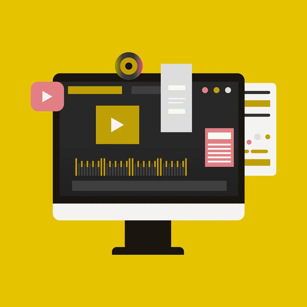 An illustrative representation of a desktop monitor with a content creation workflow shown.