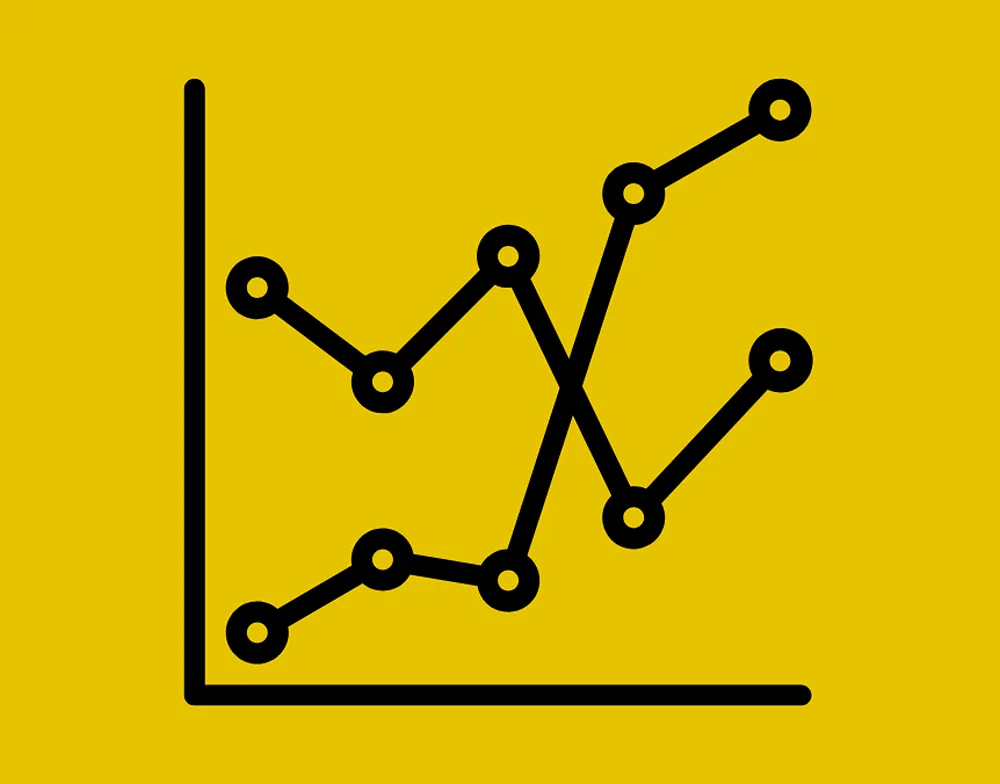 An icon of two line graphs with one line trending upwards, and one line trending downwards