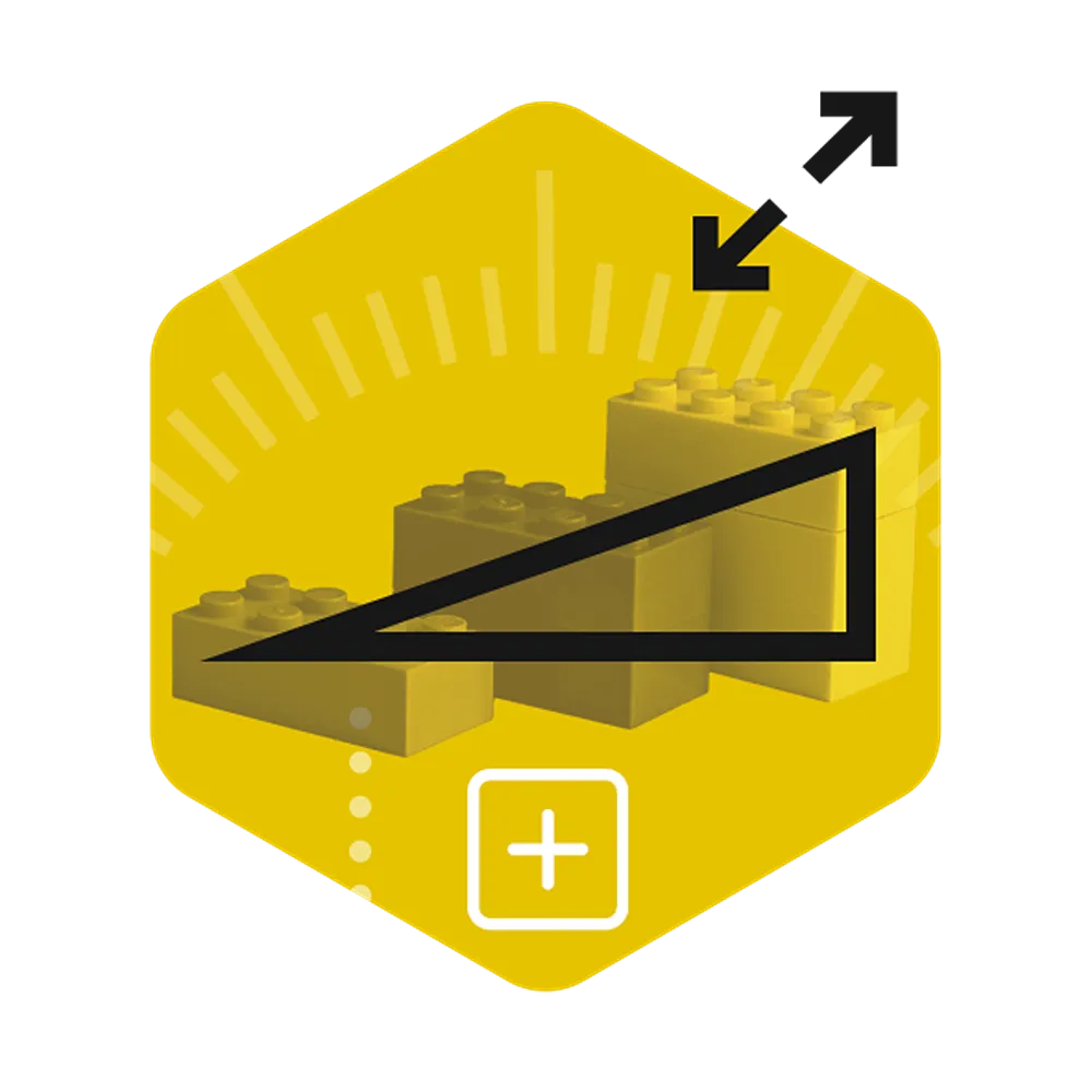 A yellow hexagon, with three stacks of building blocks in increasing size from left to right.