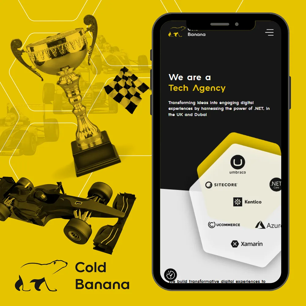 Cold Banana graphic with F1 race car, trophy, checkered flag and a mobile phone with the Cold Banana website homepage