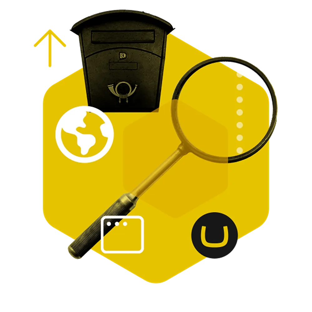 A yellow hexagon, surrounded by a black Umbraco glyph, a magnifying glass, a world icon, and a post box.