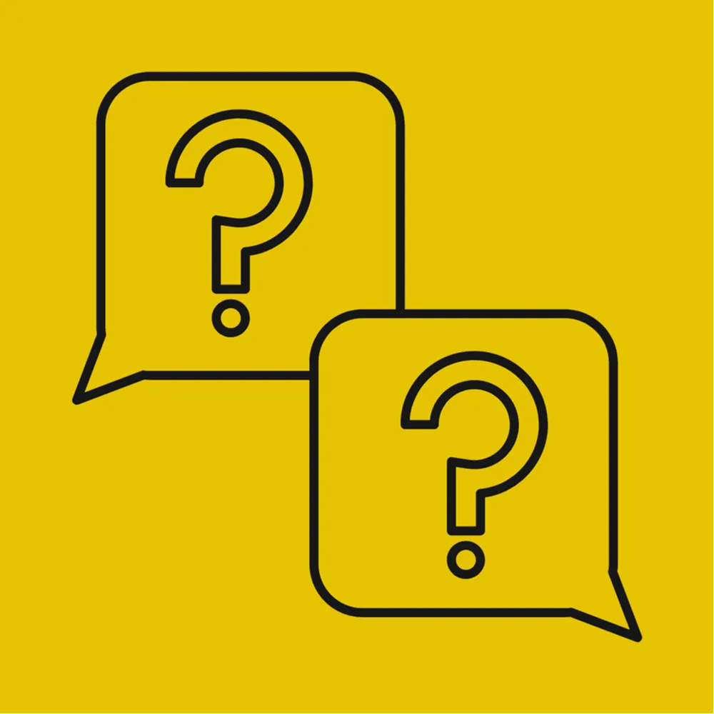 Two speech bubbles with question marks in each.