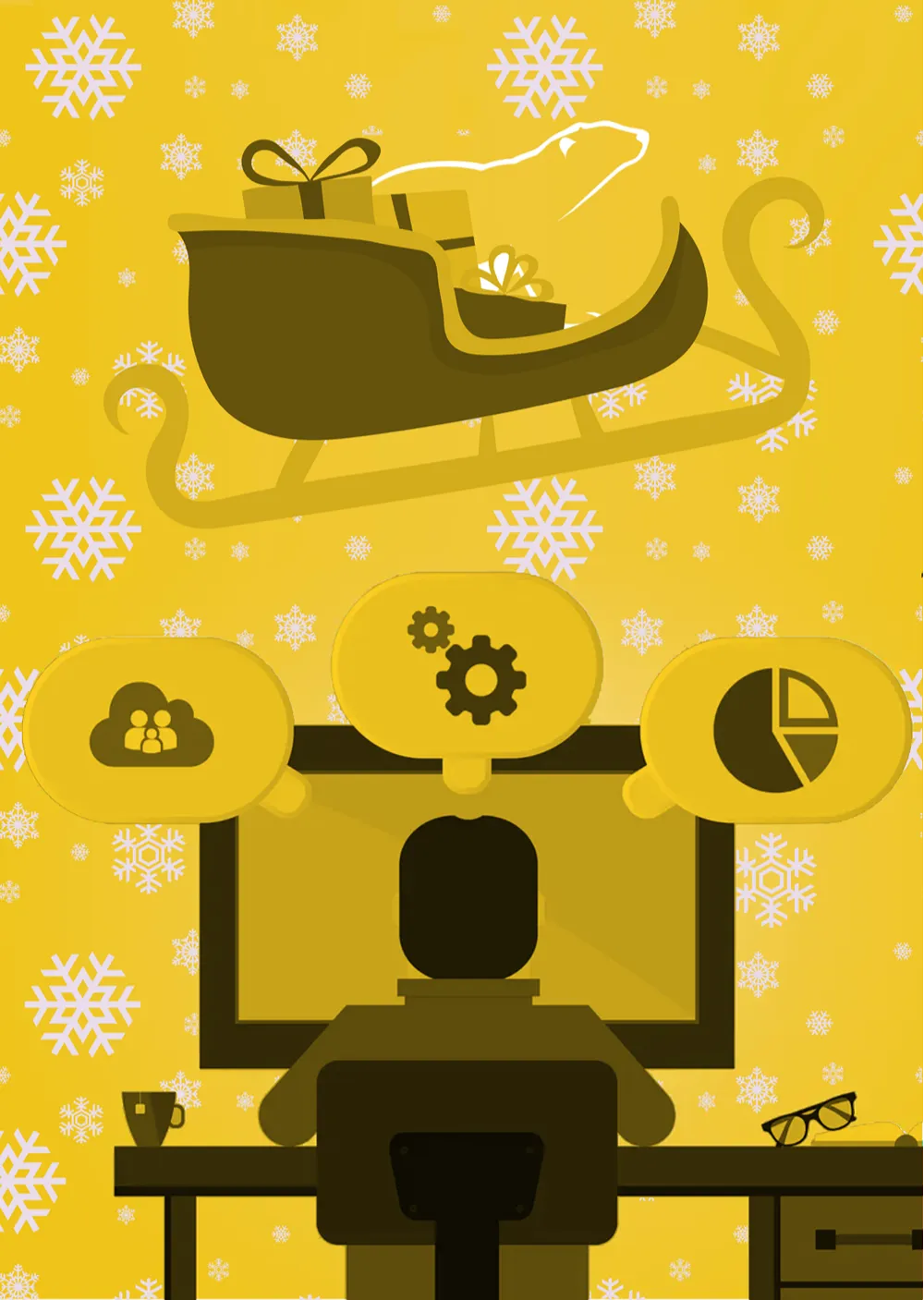 The Cold Banana polar bear in Santa's sleigh flying over a person working on their website