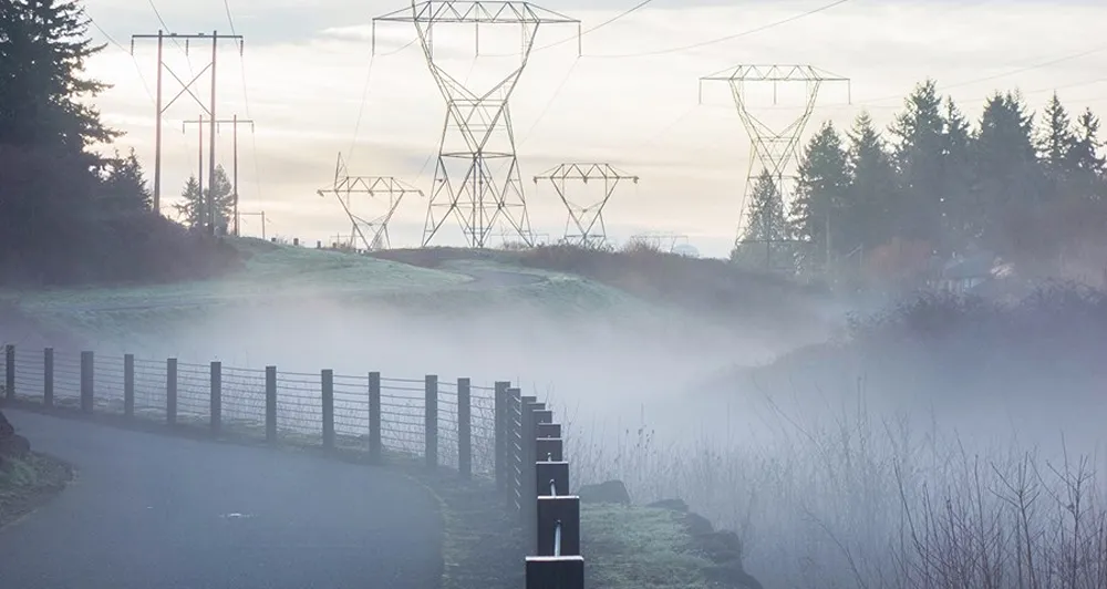 Electricity pylons on a misty morning.