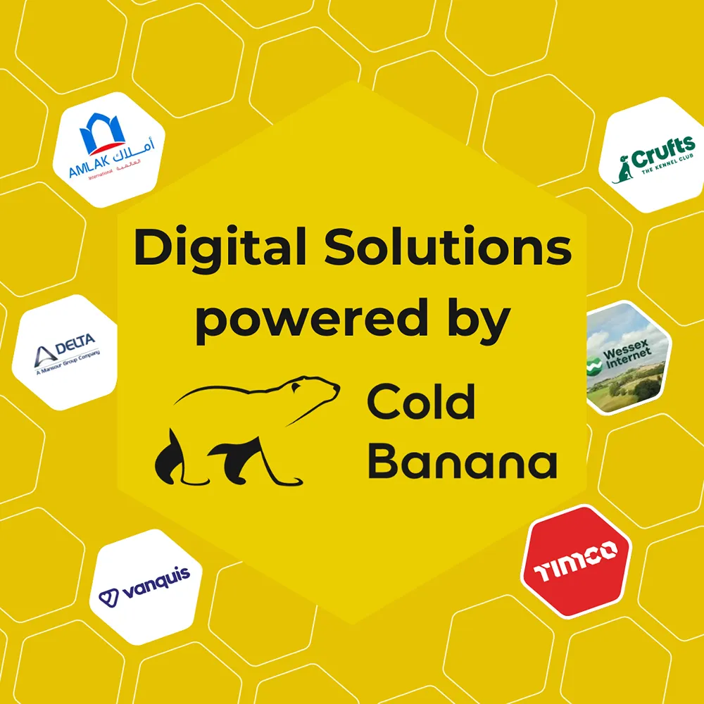 Logos of different Cold Banana clients in small hexagons around a central yellow hexagon, with black text inside this reading "Digital Solutions Powered By Cold Banana"