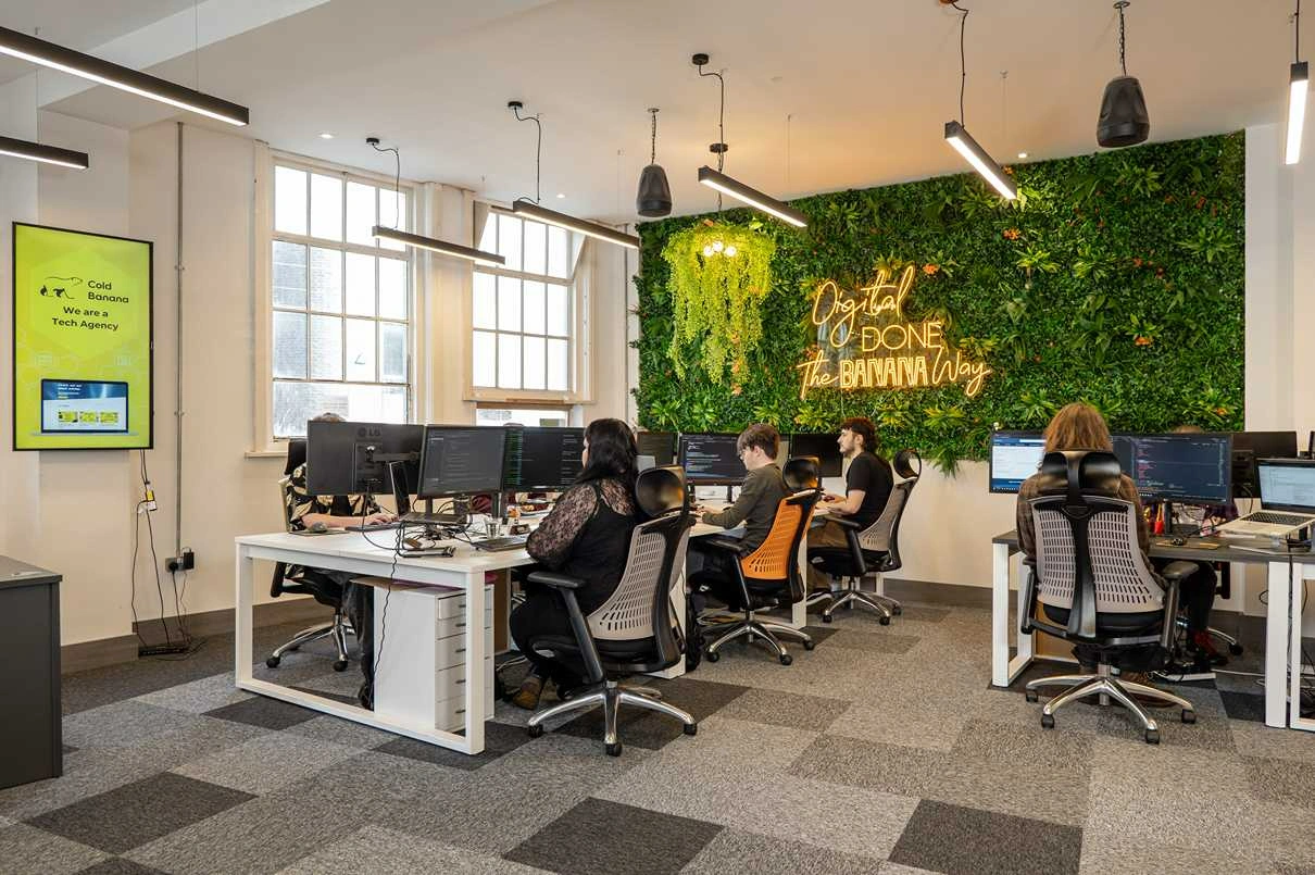 Wide angle shot of the downstairs Cold Banana offices.