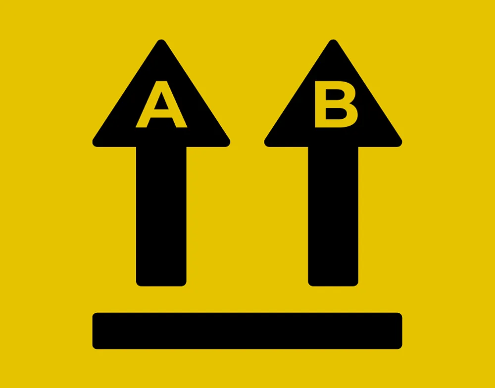 Two black arrows pointing up, with the left arrow labelled "A" and the right arrow labelled "B"