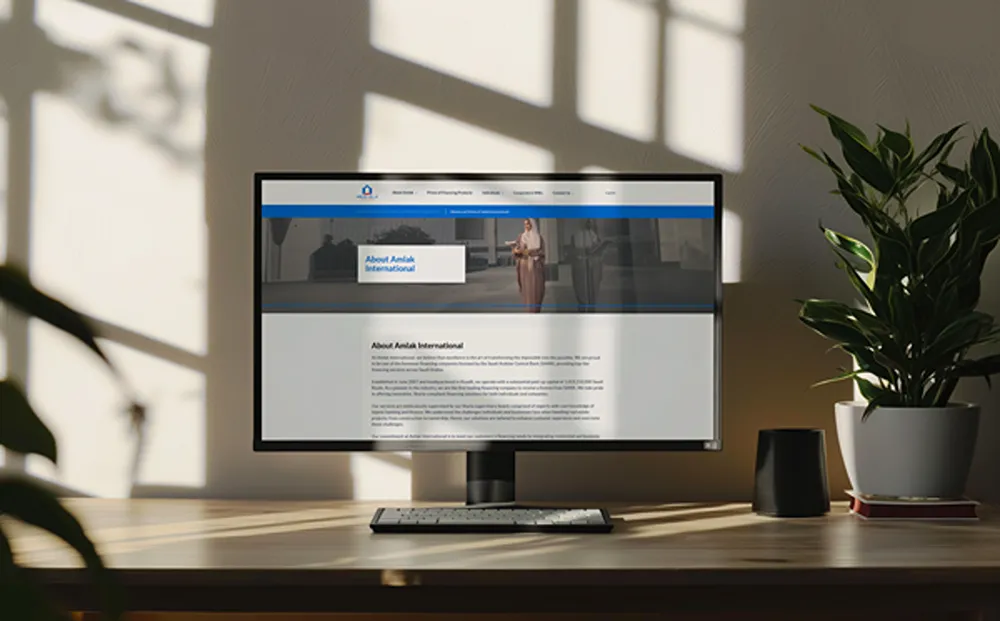 Amlak International "About" webpage open on a desktop monitor on the desk of a home office
