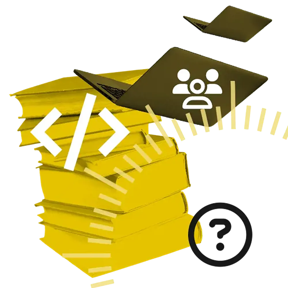 A graphic of a stack of books and two laptops with code and question mark icons.