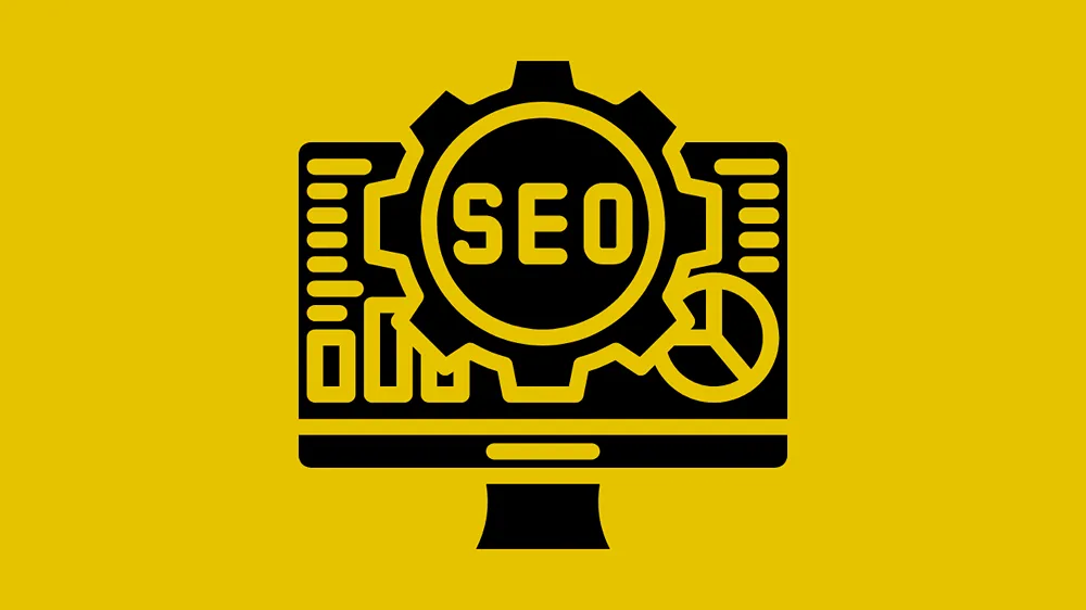 An icon of a desktop monitor with analytics reporting, and a central cog with the word "SEO"