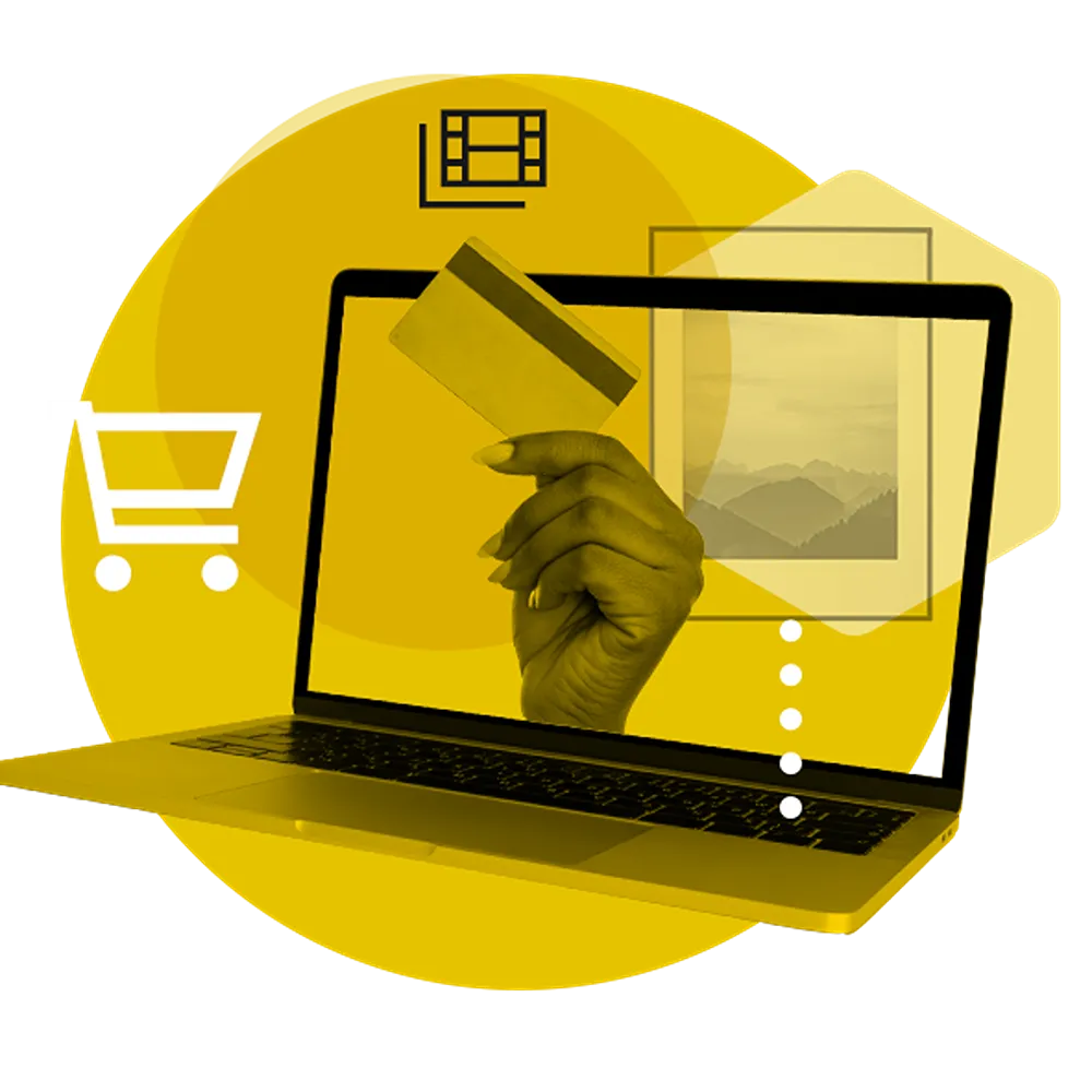 A yellow circle, with a laptop superimposed over it. Inside the screen of the laptop is a hand holding a credit card.