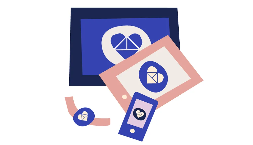 Illustration of Umbraco Heartcore logos on different tech devices (desktop, tablet, smartphone and a smartwatch)