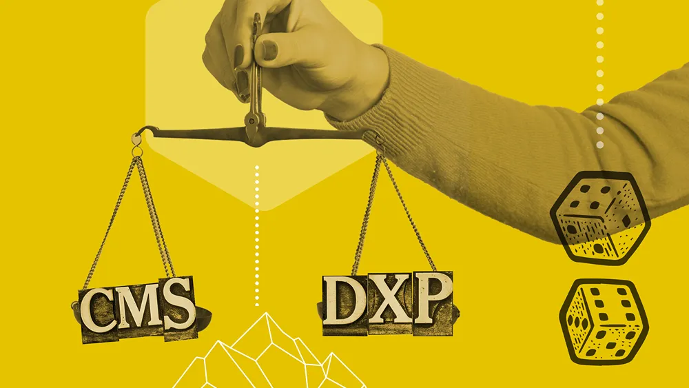 A graphic of a person holding a pair of scales, with printing press blocks spelling "CMS" in the left tray, and printing press blocks spelling "DXP" in the right tray.