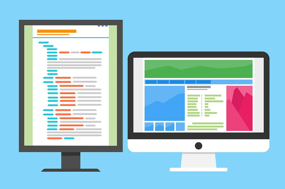 Illustrated representations of code on a vertical monitor, and a webpage on a horizontal monitor.