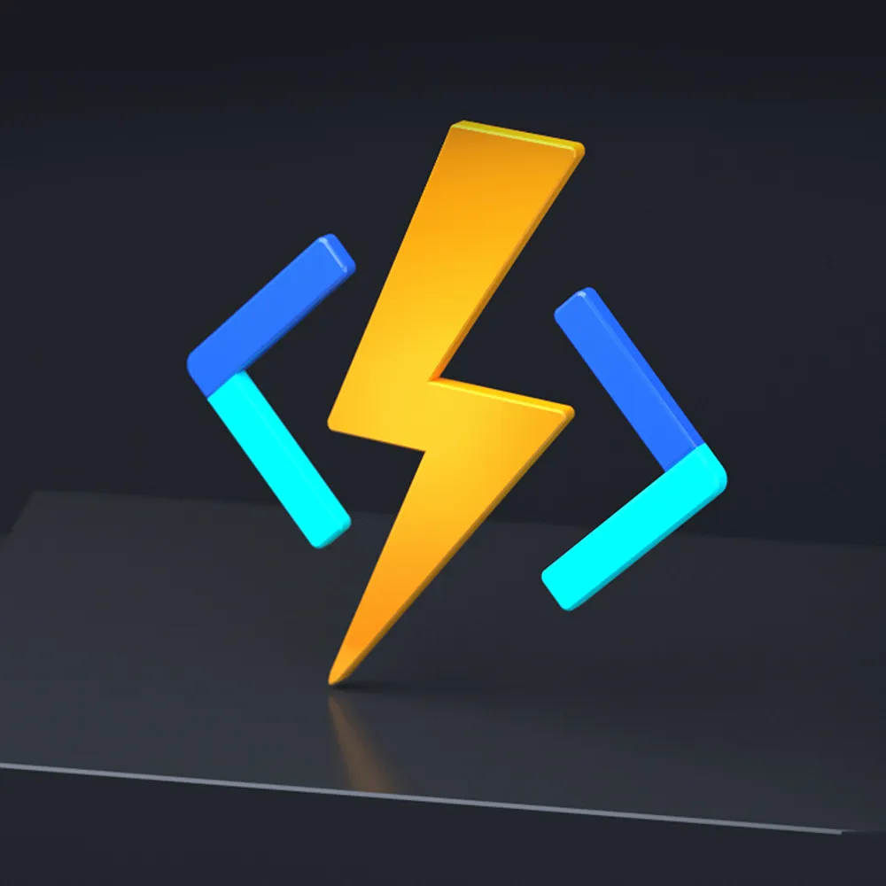 A 3D render of a lightning bolt within a set of angle brackets