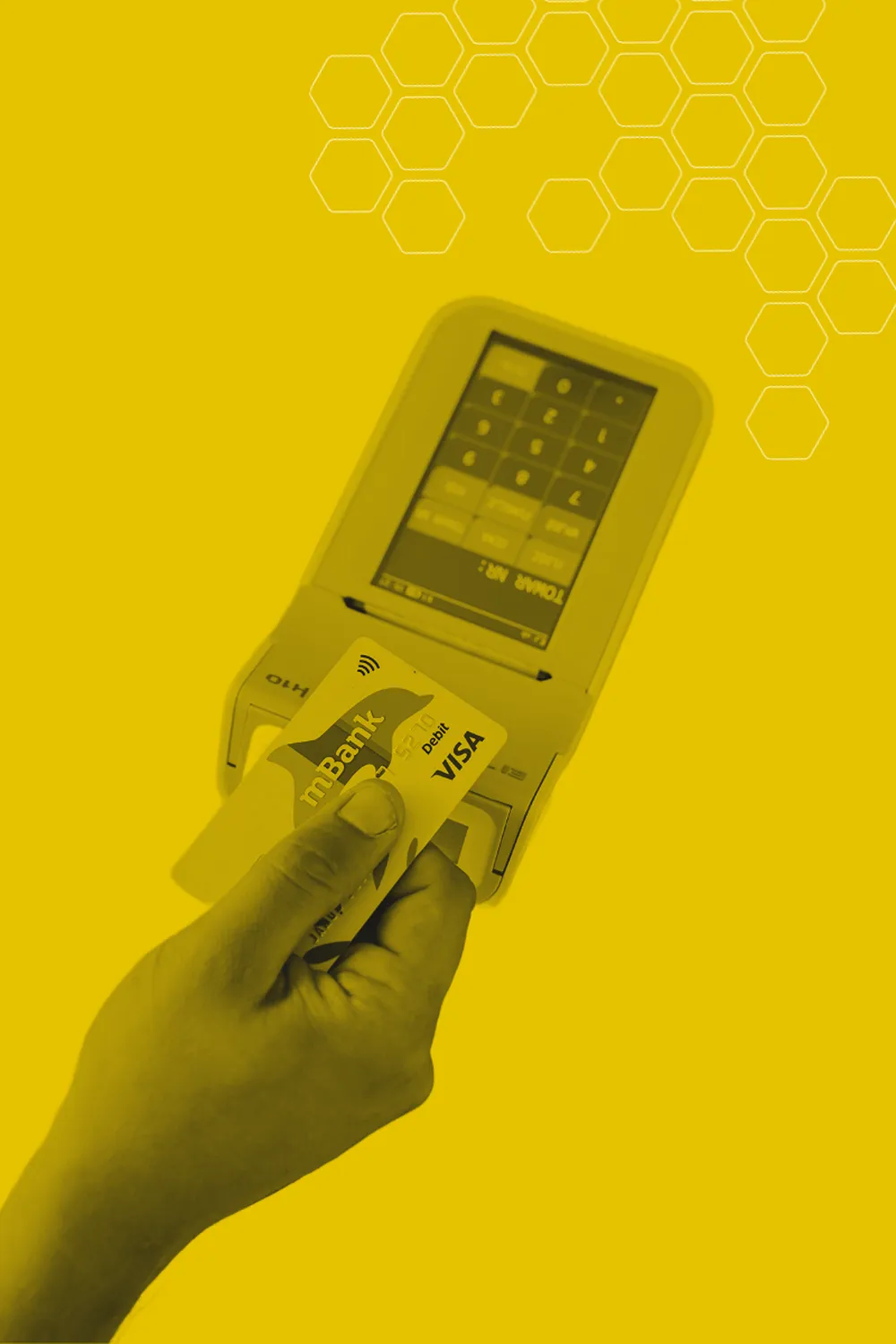 A card payment machine, with a person tapping a debit card on it.