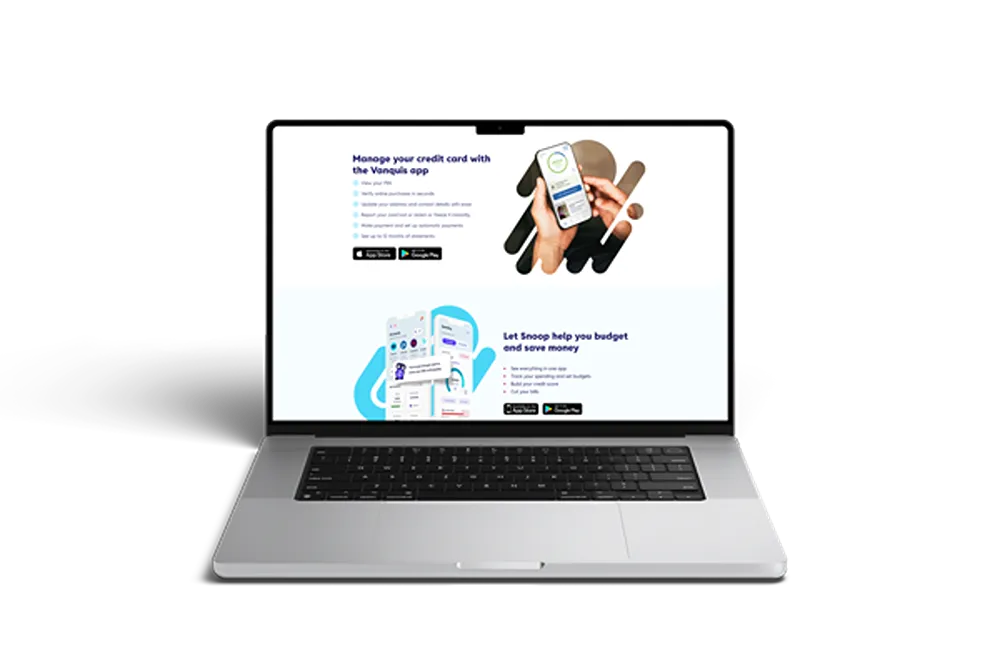 Vanquis webpage open on a laptop.