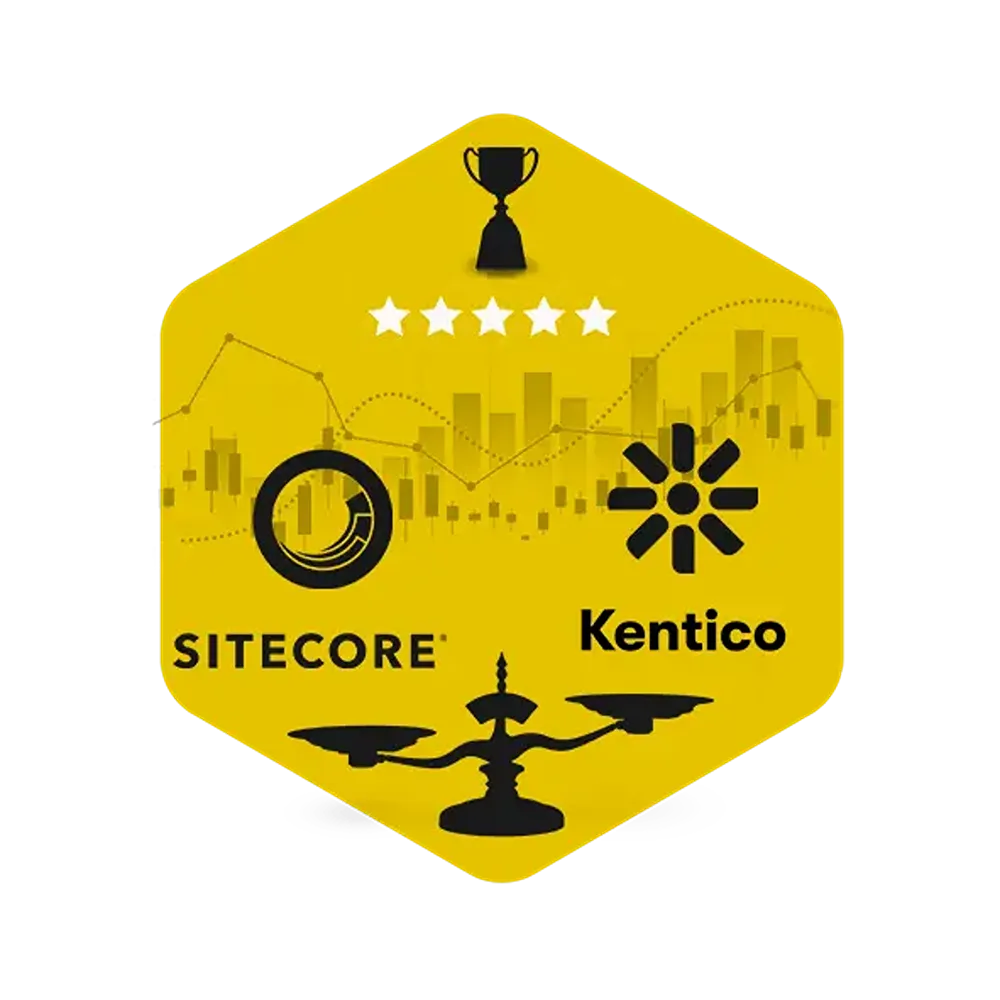 A Sitecore vs Kentico graphic in a yellow hexagon, with a black Sitecore logo on the left and a black Kentico logo on the right above a set of scales.
