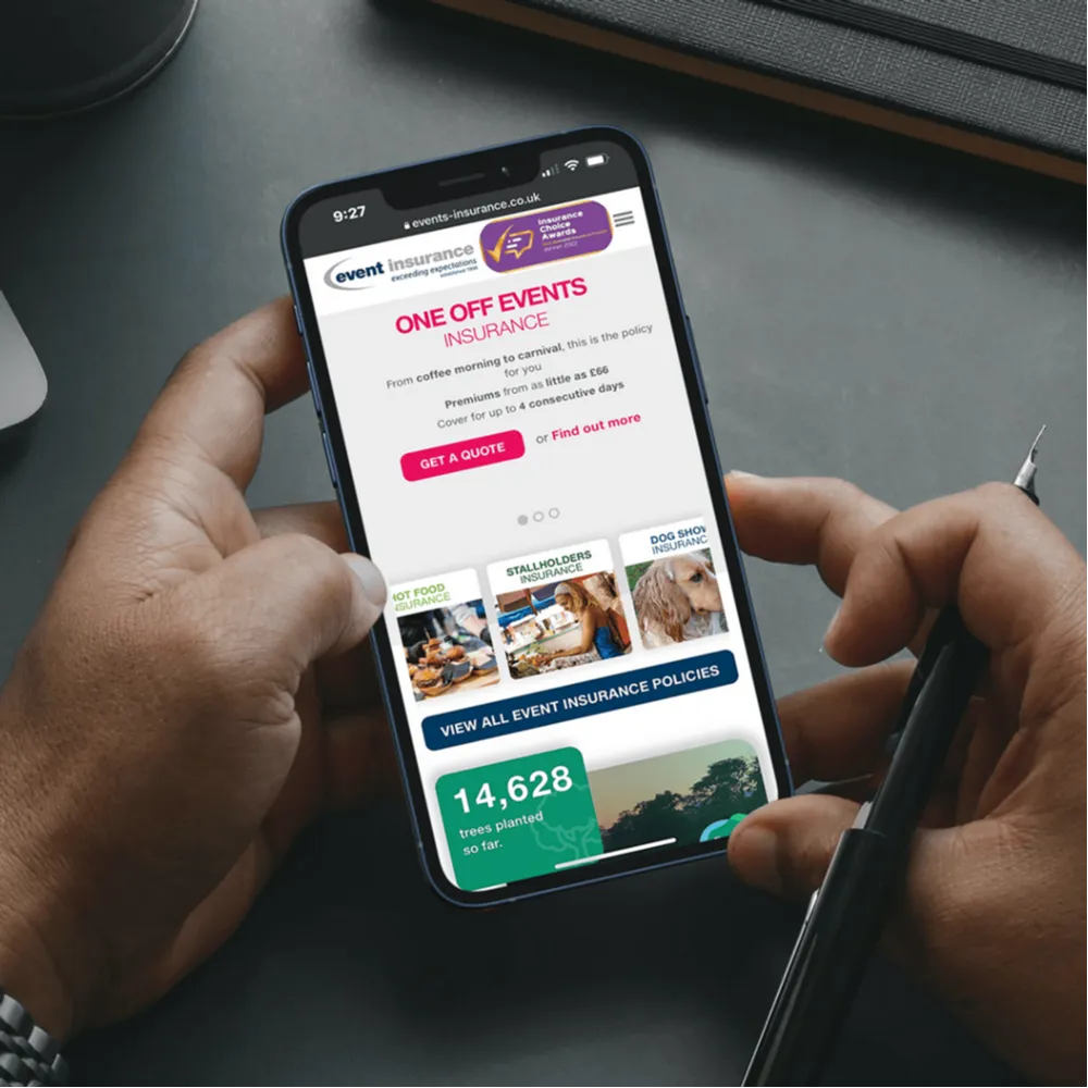 Event Insurance homepage open on a smartphone device.