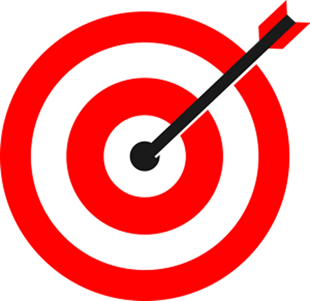 A red, white and black icon of a target with an arrow in the middle hitting the bullseye