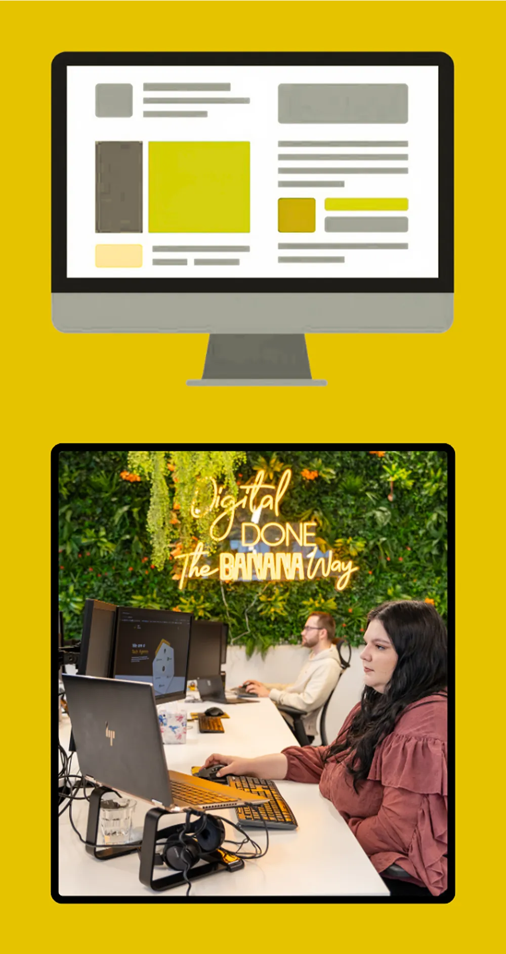 Top: Illustrative representation of a desktop monitor with a webpage open on it. Bottom: A photo of Cold Banana employees working at their desks.