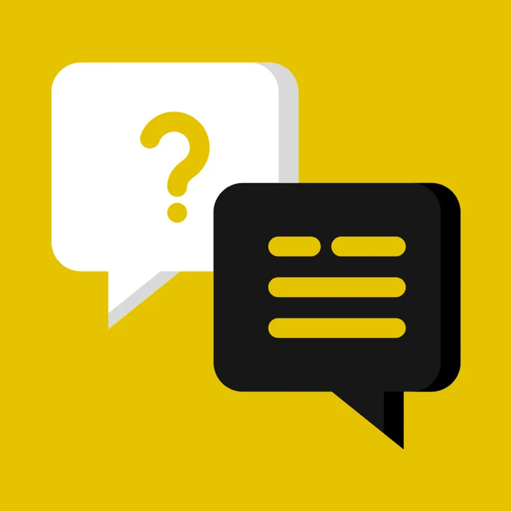 An icon of a question mark in a white speech bubble, and a response in a black speech bubble.