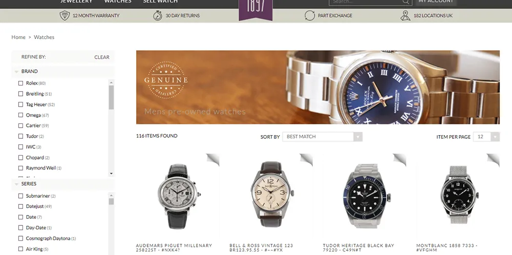 1897 website screenshot showing the eCommerce page for Mens pre-owned watches