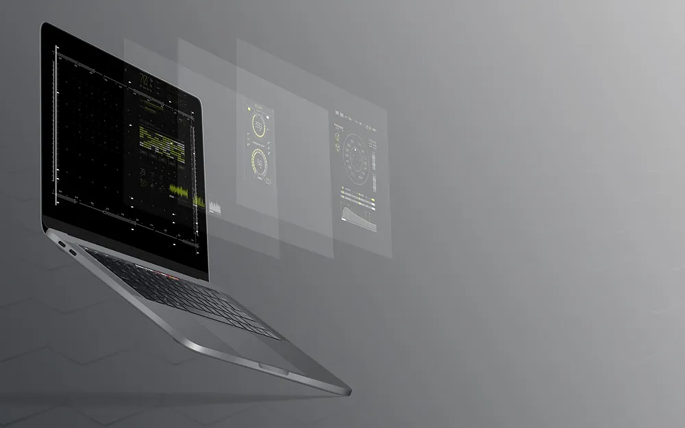 A laptop with the code on the screen extruding outwards across several layers of interface.
