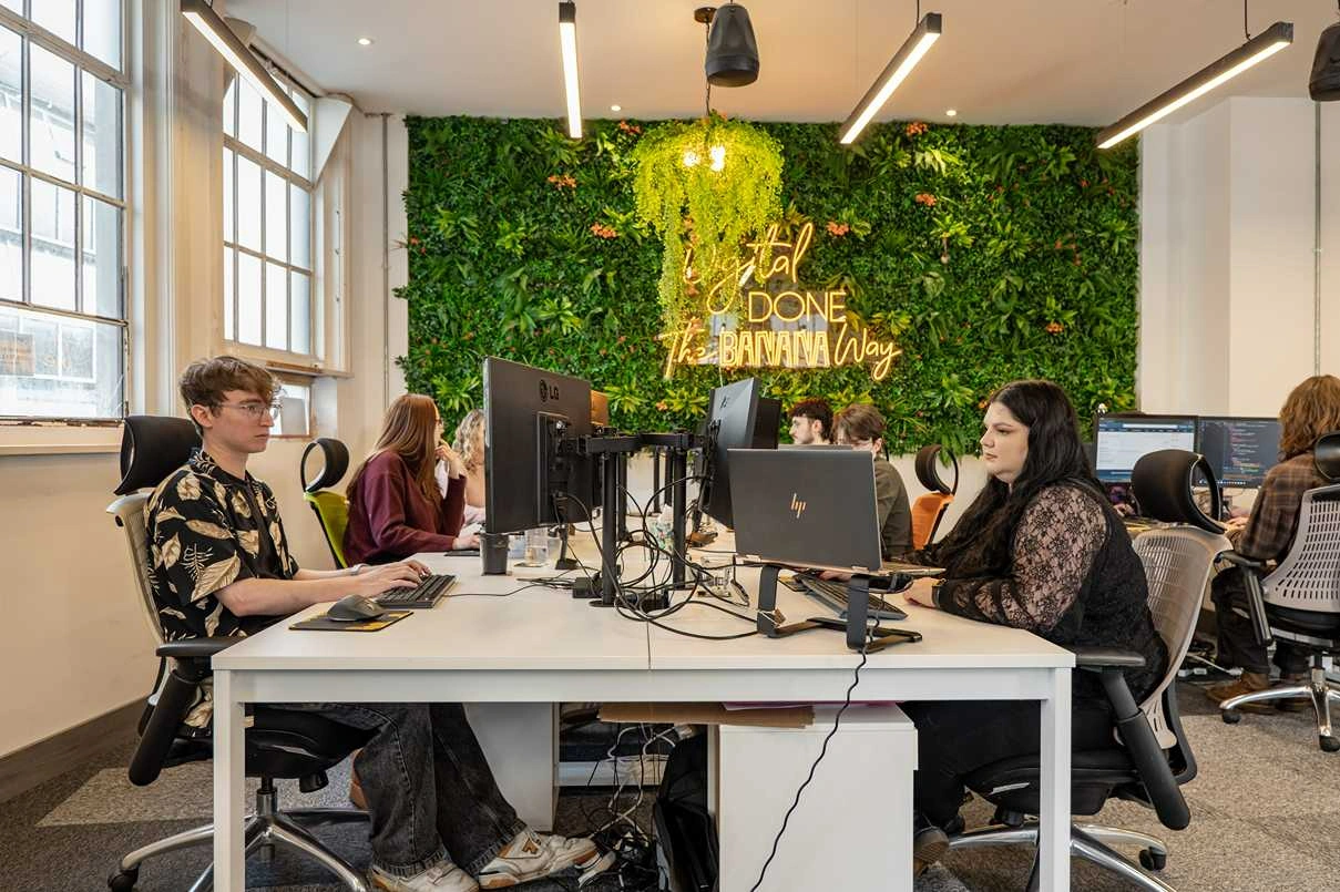 Wide angle shot of the downstairs Cold Banana offices.