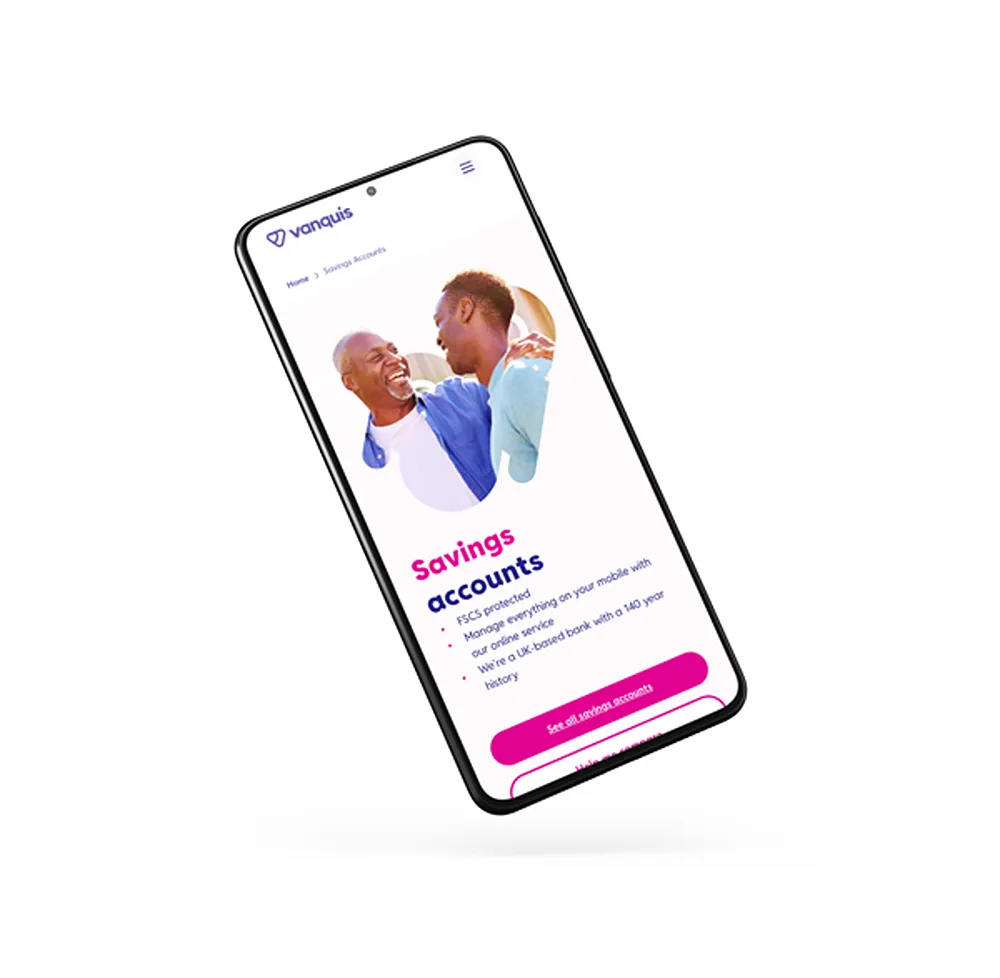 Vanquis "Savings Accounts" webpage open on a smartphone.