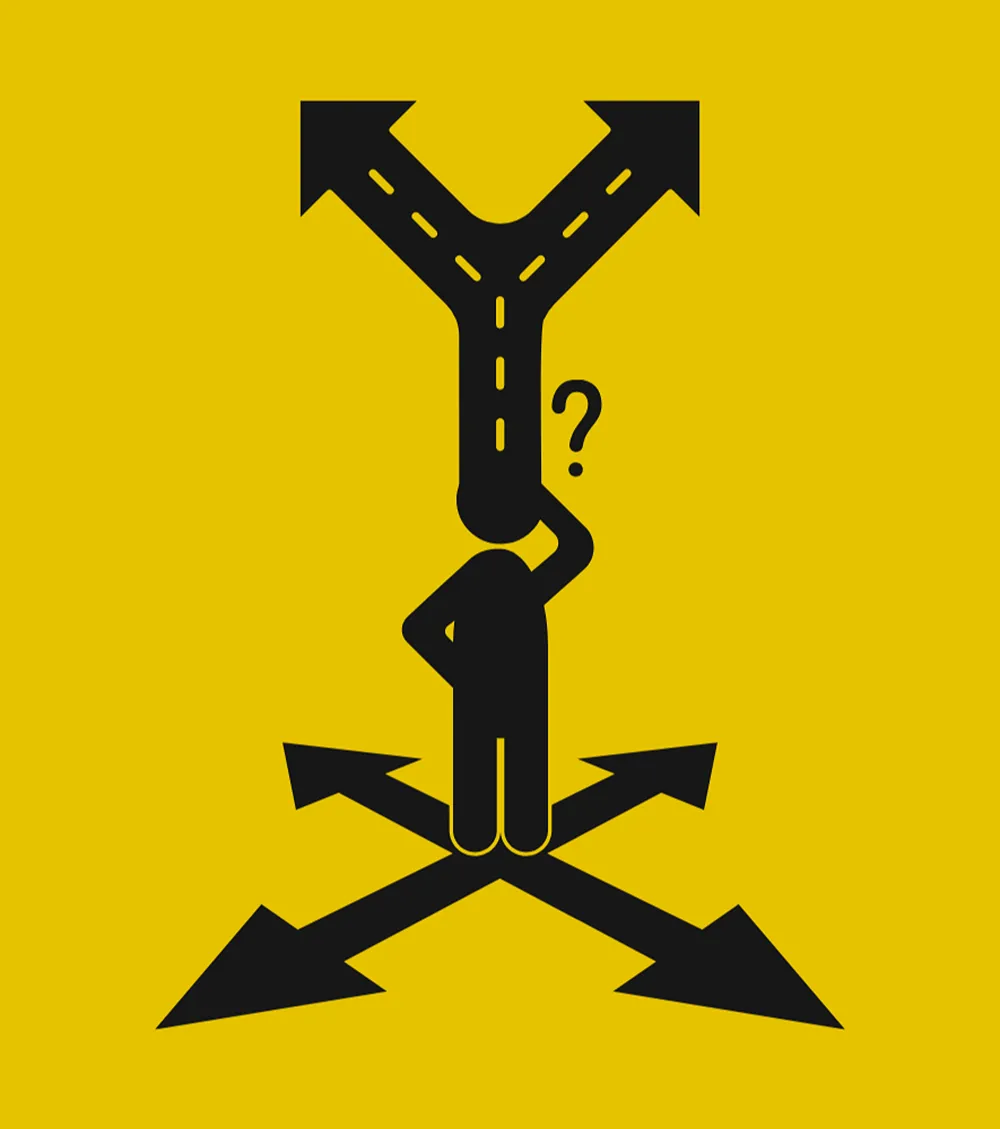 An icon of a person confused as to which direction to go, with arrows pointing different directions from their feet. In front of the person is a fork in the road.