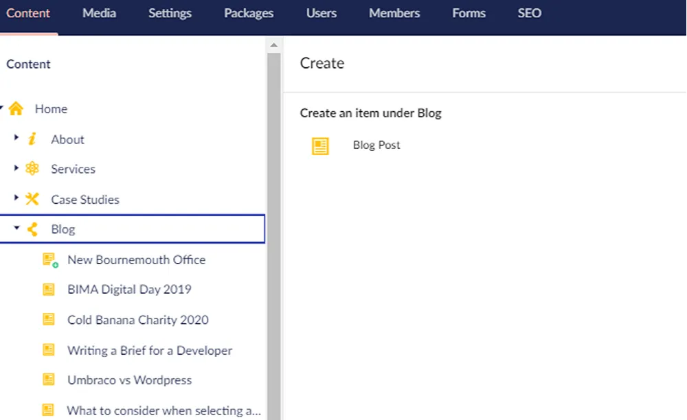 Umbraco back office screenshot, with the "Blog" folder highlighted