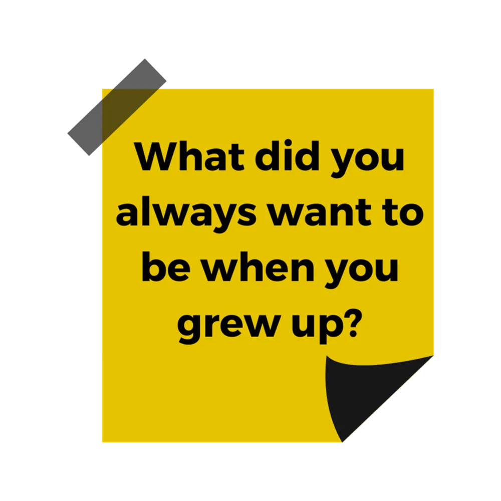 A yellow post it note with black text reading "What did you always want to be when you grew up?"
