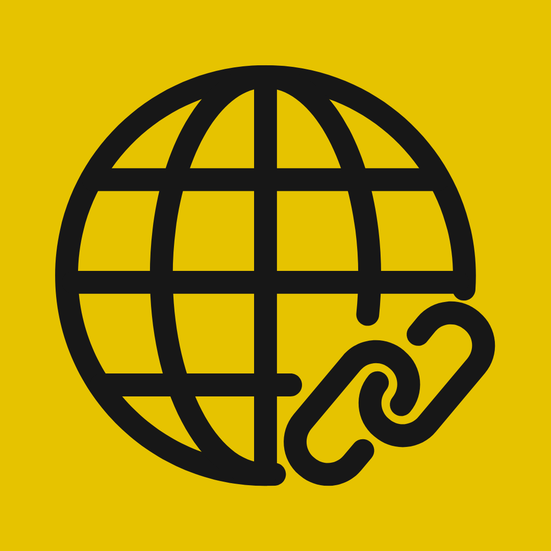 Icon of a black web globe with a linking chain on a yellow background