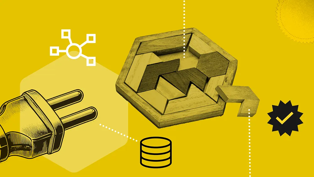 A wooden puzzle on a yellow background, with a light yellow hexagon to the left of it, surrounded by different icons (a check mark, coins, a plug, and a small network symbol)
