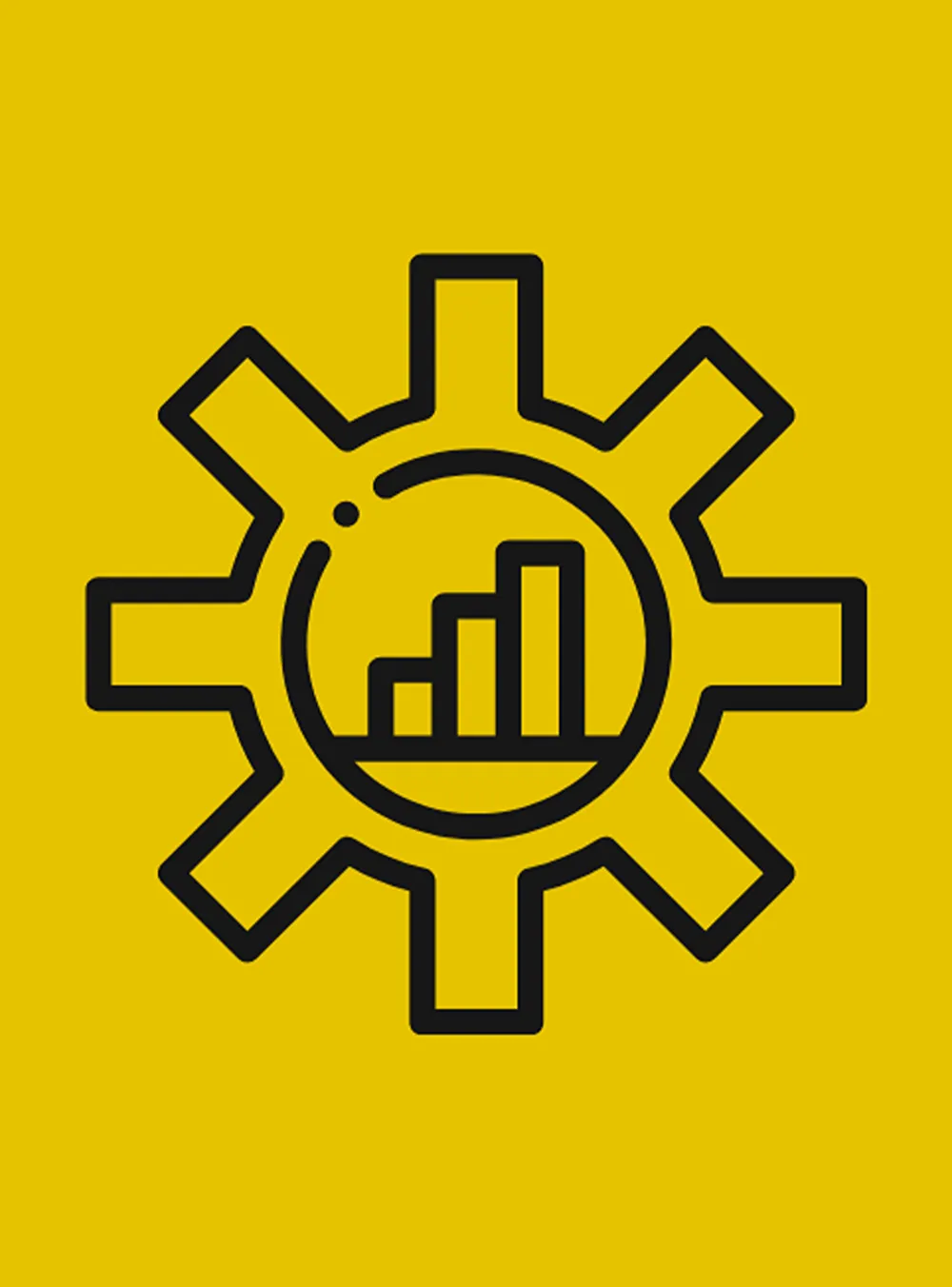 An icon of a gear with a bar graph inside it.