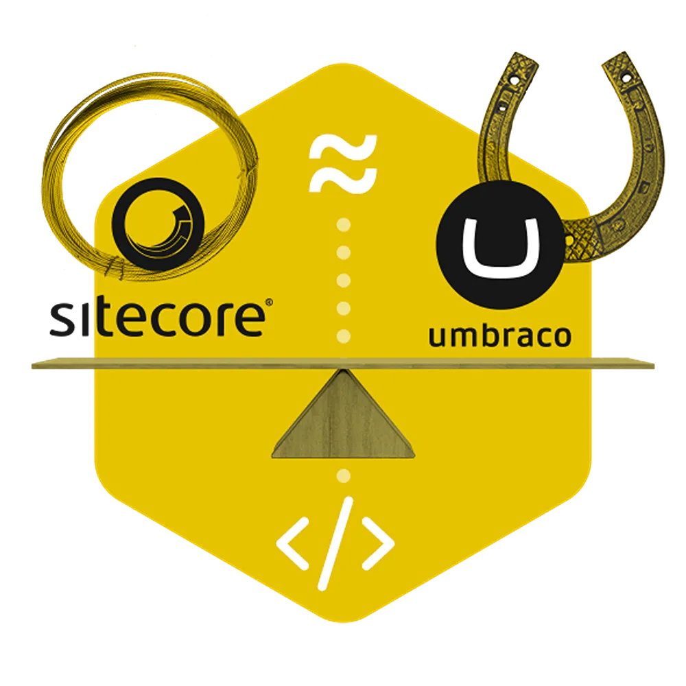 A yellow hexagon with a wooden seesaw superimposed over it. On the left of the seesaw is the Sitecore logo, whilst on the right is the Umbraco logo.