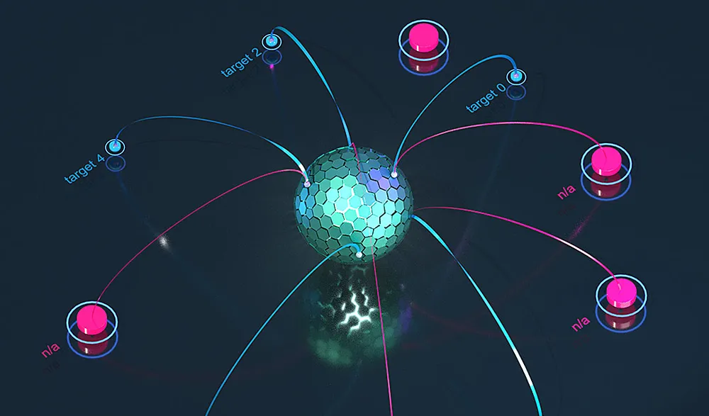 A network of nodes connecting to a central disco ball.
