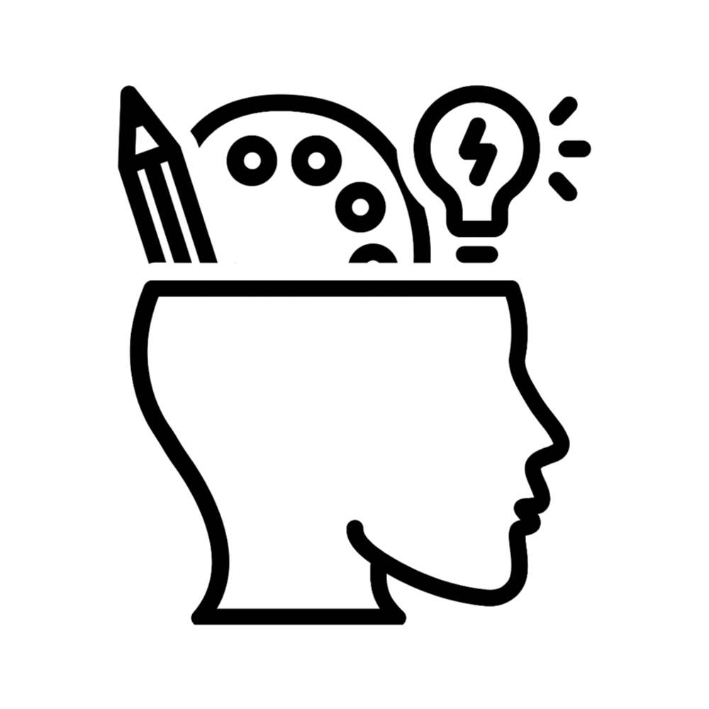 An icon of a person with a "creative" brain as represented by a pencil, a painter's palette, and a lightbulb.