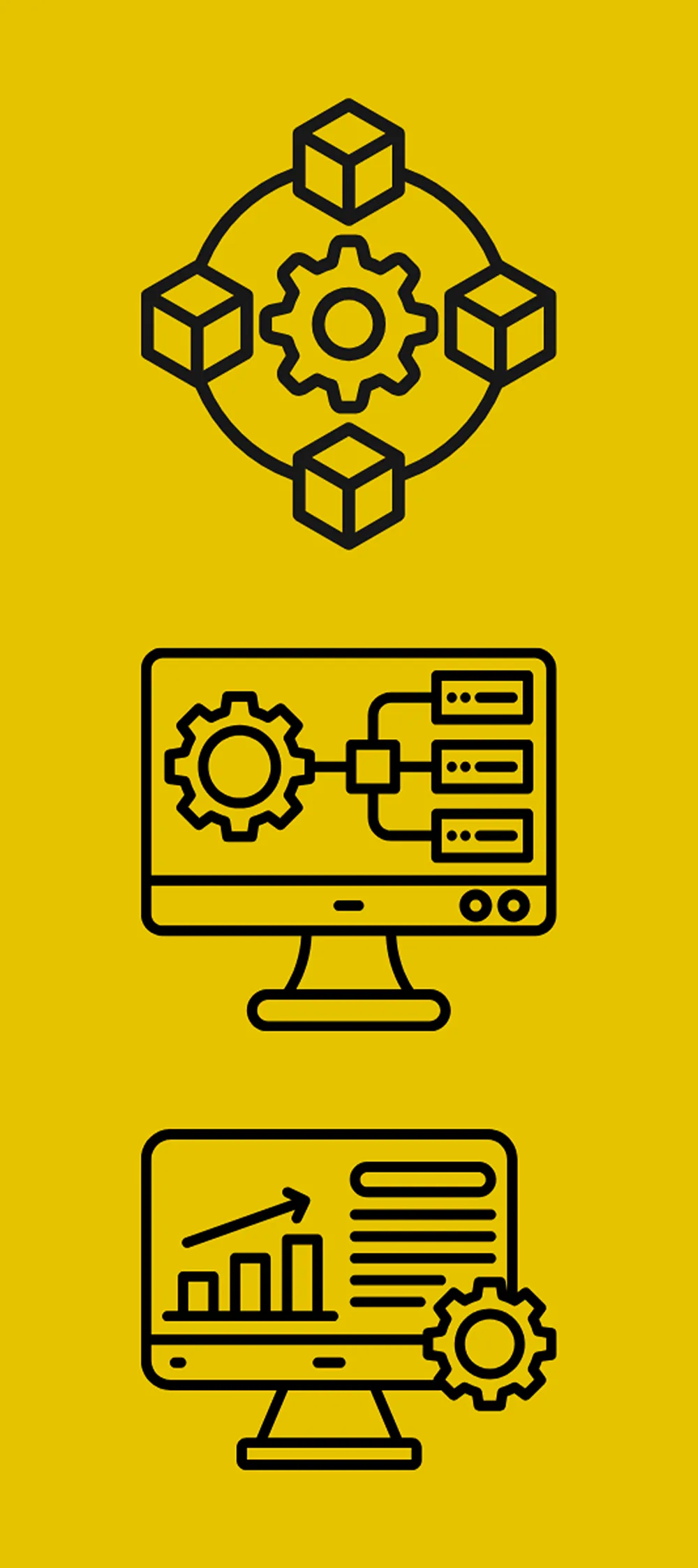 A trio of icons (a circle of boxes, surrounding a gear, a desktop monitor with a gear on it with lines flowing to three form fields, and a desktop monitor with a representation of a data analytics dashboard on it)