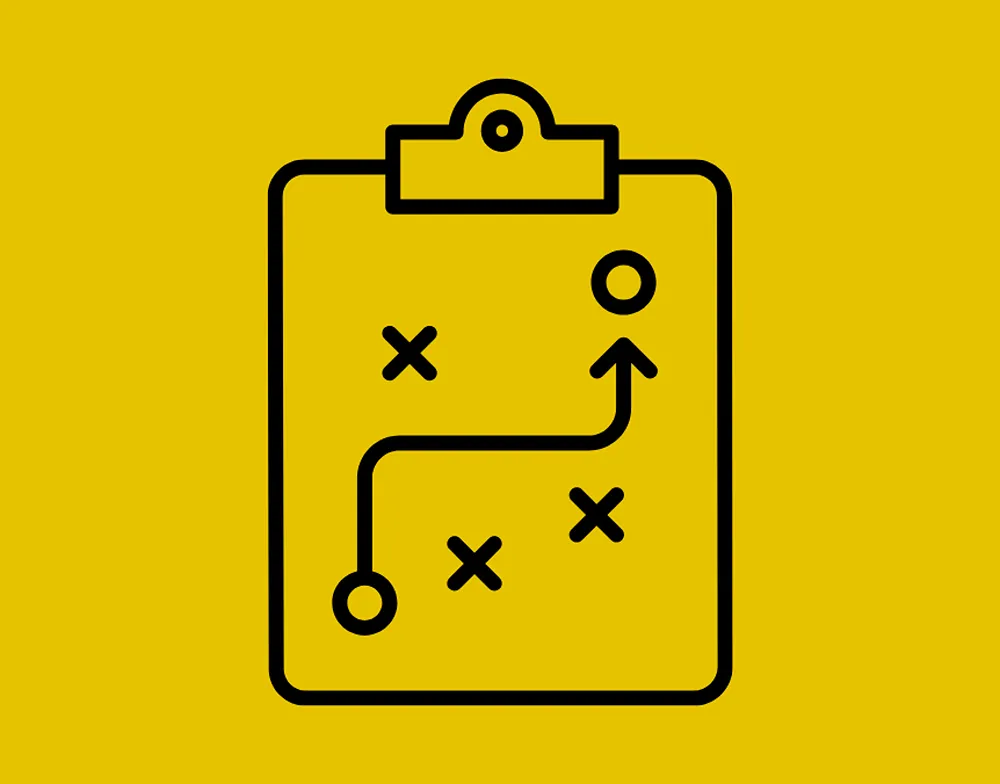 An icon of a clipboard with a line moving through a field of X's towards a circle