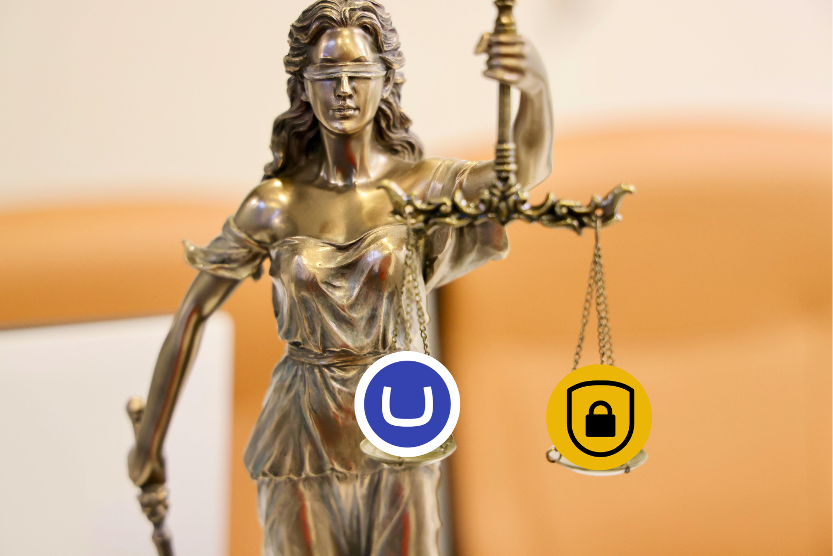 A Lady Justice statue with a blindfold, a sword at her side, and a set of scales held aloft with her left hand. An Umbraco logo and a security glyph are superimposed where weights would be placed in the scales.