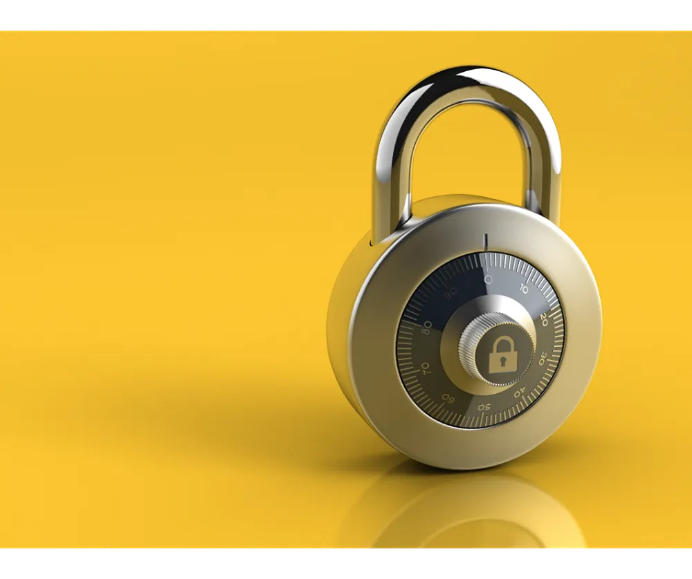 A 3D render of a rotary dial combination padlock on a yellow background